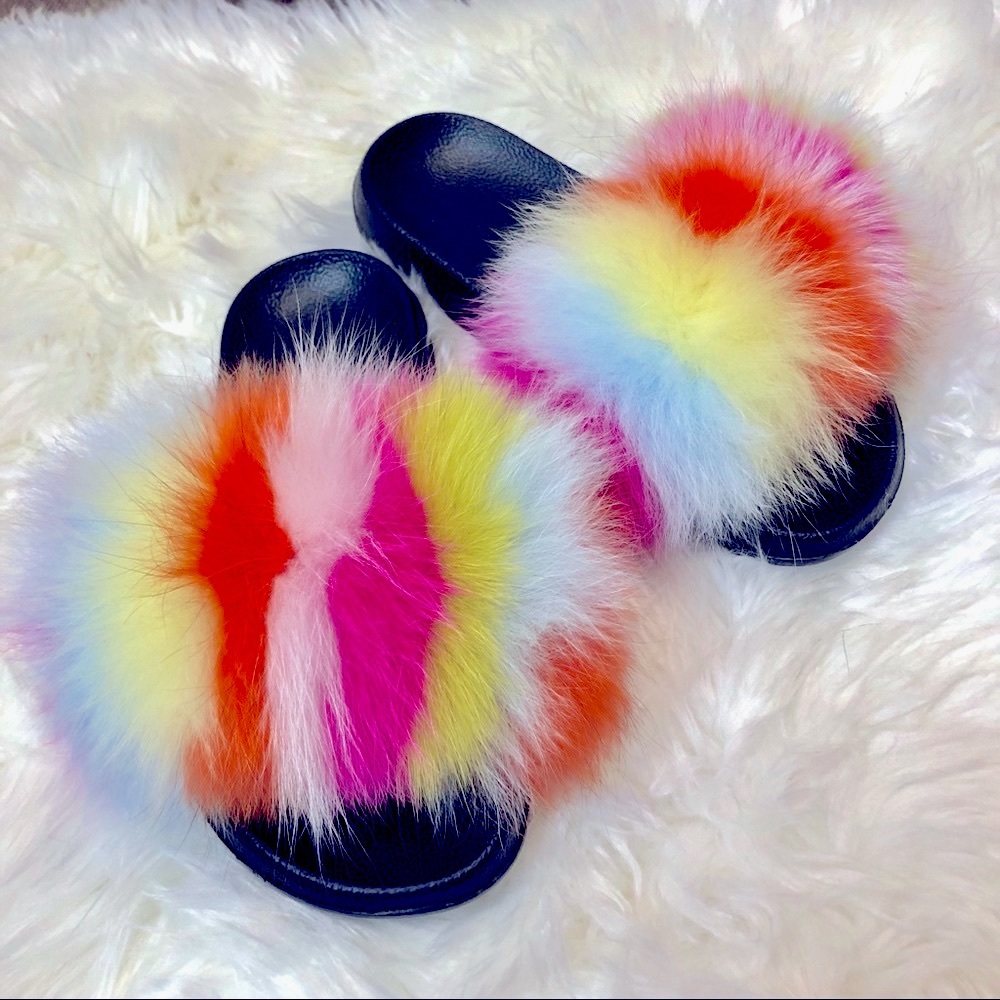 Multicolor real fur fluffy dyed slides slippers new no box
